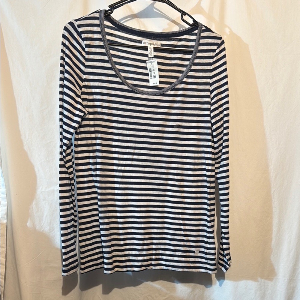 Aeropostale Striped Long Sleeve Tee - Navy and White